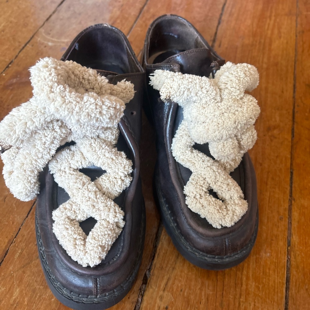 Brown Shoes with Cream Fuzzy Laces
